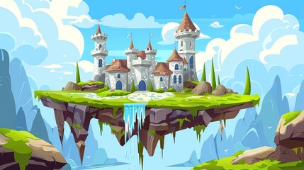 Poster - Floating Castle on a Cliff with Waterfall