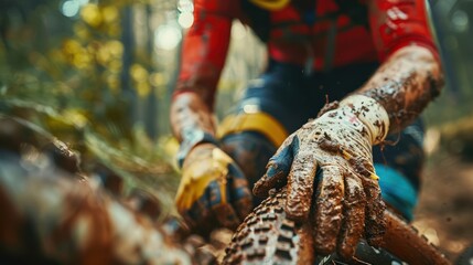 A man is wearing a red and black outfit and is covered in mud