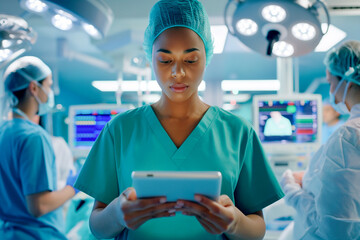 Wall Mural - A woman in a blue scrubs is looking at a tablet