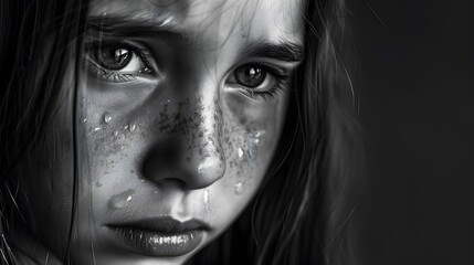 Closeup of a young girl with tears rolling down her cheek. 