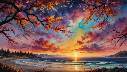 Wall Mural - A brilliant, vibrantly colored illustration of a sky at sunset over water. 