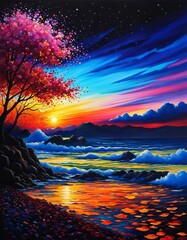 Wall Mural - A brilliant, vibrantly colored illustration of a sky at sunset over water. 