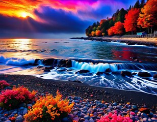 Wall Mural - A brilliant, vibrantly colored illustration of a sky at sunset over water. 