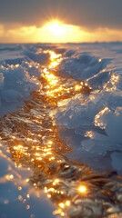 Sticker - Sunset rays shining on flowing glacial meltwater