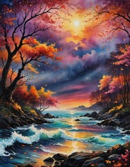 Wall Mural - A brilliant, vibrantly colored illustration of a sky at sunset over water. 