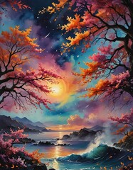 Wall Mural - A brilliant, vibrantly colored illustration of a sky at sunset over water. 