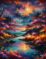 Wall Mural - A brilliant, vibrantly colored illustration of a sky at sunset over water. 