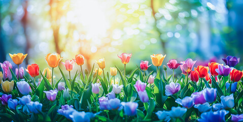 Colorful tulips spring blossoming, bokeh flower background. Generative AI