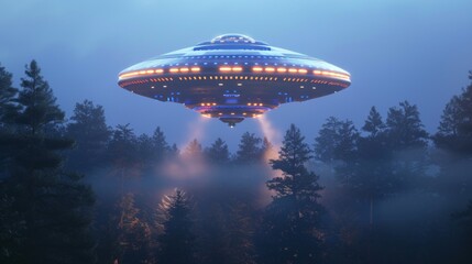 a large, glowing, alien spaceship is flying through a forest