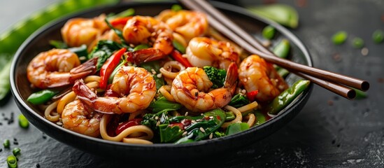 Wall Mural - Delicious Shrimp Stir-Fry with Noodles and Vegetables in a Black Bowl