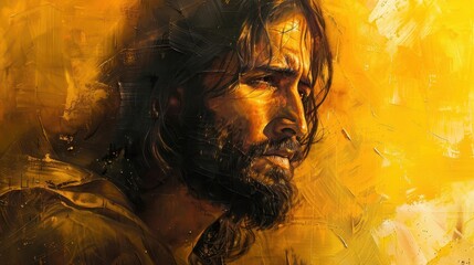 Wall Mural - emotive portrait of jesus serene expression bathed in soft golden light gentle brushstrokes capture his compassionate gaze evoking spiritual depth and divine presence