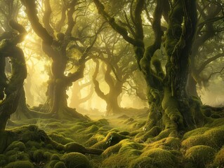 Wall Mural - enchanted forest at dawn misty atmosphere with soft golden light filtering through towering trees mosscovered ground and ethereal fog create a magical dreamlike scene