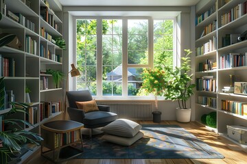 Wall Mural - Modern, bright home library with big windows, comfortable armchair and many books. Concept of home decor, interior design, reading, and relaxation.