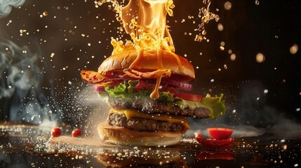 Wall Mural - exploding burger ingredients midair flames underneath dynamic composition highspeed photography mouthwatering details