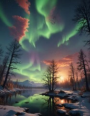 Wall Mural - Beautiful Northern lights over bare trees and a lake. 