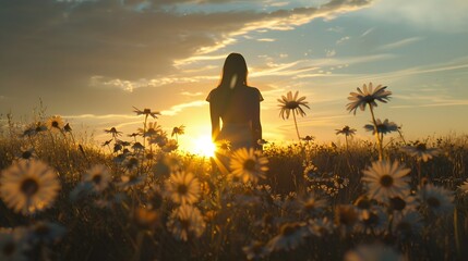 Woman in a field with flowers. Beautiful girl in a field with daisies. 