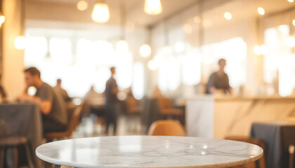 Wall Mural - Marble round table top with blurred café restaurant, abstract background, bokeh lights, product display