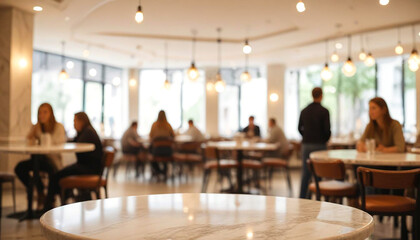 Wall Mural - Marble round table top with blurred café restaurant, abstract background, bokeh lights, product display