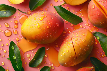 Fresh mango slices with water drops on a pink background.