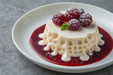 Wall Mural - Delicious dessert with frozen raspberries