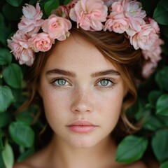 Sticker - beautiful woman with flower crown surrounded by nature