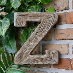 Wall Mural - Wooden number seven on brick wall with green plants