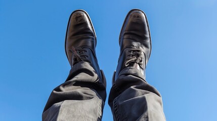 Businessman's feet jumping on a blank background.