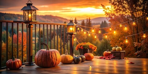 Poster - Cozy autumn sunset on balcony with pumpkins and lanterns, autumn, sunset, balcony, pumpkins, lanterns, cozy, atmosphere