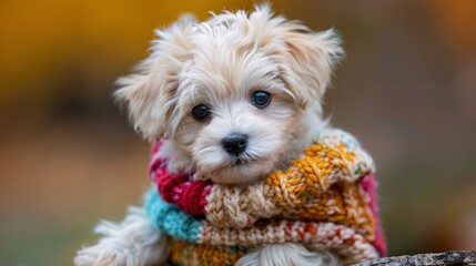 Clear and precise photograph of a cute puppy in a colorful knitted sweater, showcasing its warmth and charm