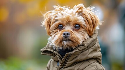 Highly detailed image of a small dog wearing a fleece jacket, exuding warmth and cuteness