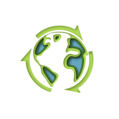 Aufkleber - Recycle concept. Green Earth and Green Arrow. Paper art style. Sustainable concept of Green energy, ecology and environment. Vector Illustration.