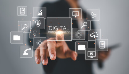 Fototapete - Digital transformation technology strategy, digitization and digitalization of business processes and data,optimize and automate operations,customer service management, internet and cloud computing