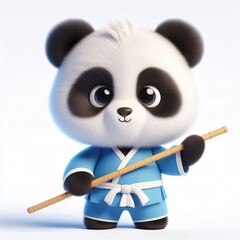 Canvas Print - 3d Cute fluffy panda character wearing a blue martial arts costume, Holding a long stick