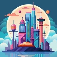Wall Mural - Whimsical illustration of futuristic cityscape isolated on white showcasing skyscrapers and wires, illustration, white background, futuristic, street art