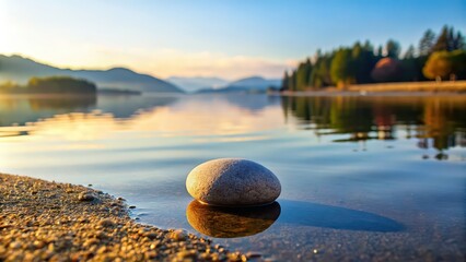 Sticker - Tranquil Zen pebble balance on serene lake shore close-up , zen, balance, pebbles, tranquility, lake, shore, nature