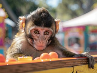 Wall Mural - A monkey sits on a table, looking out at the world with its big, curious eyes. AI.