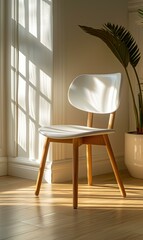 Wall Mural - Sunlight shining through a window onto a white chair. AI.