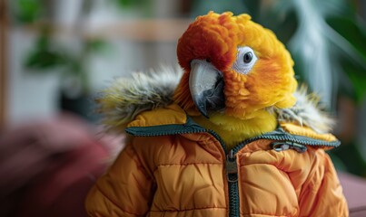 Poster - A parrot wearing a yellow and orange winter jacket. AI.