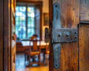 Sticker - Close-up of an old wooden door with a metal hinge. AI.