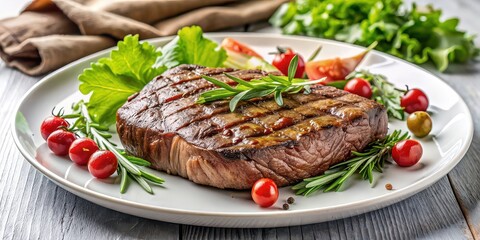 Wall Mural - Grilled beef steak served with fresh greens and a sprinkle of salt on a white plate, grilled, beef, steak, greens, salad, salt