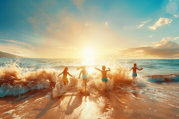 Kids splashing in the shallow waves, joyful laughter and playful energy, sandy beach and bright sunlight, carefree summer day, low angle