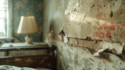 Poster - Peeling wallpaper in an abandoned house. AI.