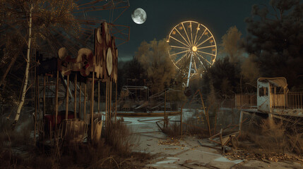 Wall Mural - A photograph of an abandoned amusement park, rusty rides, broken ferris wheel, and overgrown vegetation. Creepy shadows cast by the moonlight, eerie silence all around. 