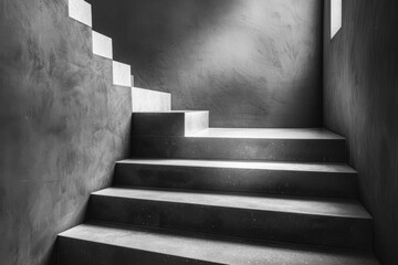 Poster - A grayscale image of a concrete staircase with a light shining from the top. AI.