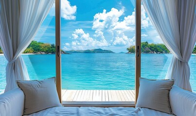 Poster - A beautiful view of the ocean from a bedroom window. AI.