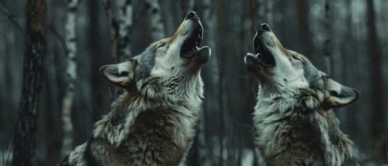 Canvas Print - Two wolves howling in the forest. AI.