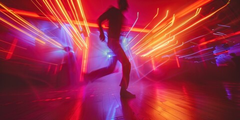 Wall Mural - Blurred image of a person dancing in a club with red and blue laser lights in the background. AI.