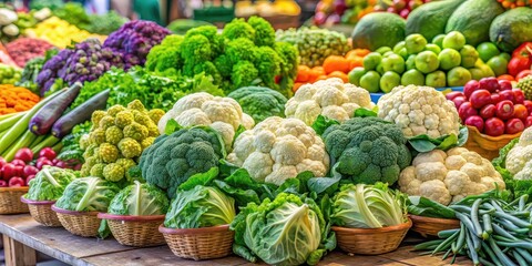 A vibrant market stall selling fresh vegetables such as cucumbers, cauliflower, broccoli, and lettuce , market, stall