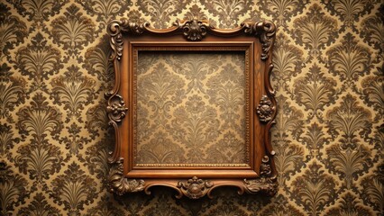 Sticker - Sophisticated and stately grand mahogany blank frame on baroque wallpaper, mahogany, frame, baroque, elegant, sophisticated