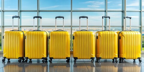 Poster - Yellow suitcases lined up at an airport window for travel concept, airport, window, suitcases, yellow, travel